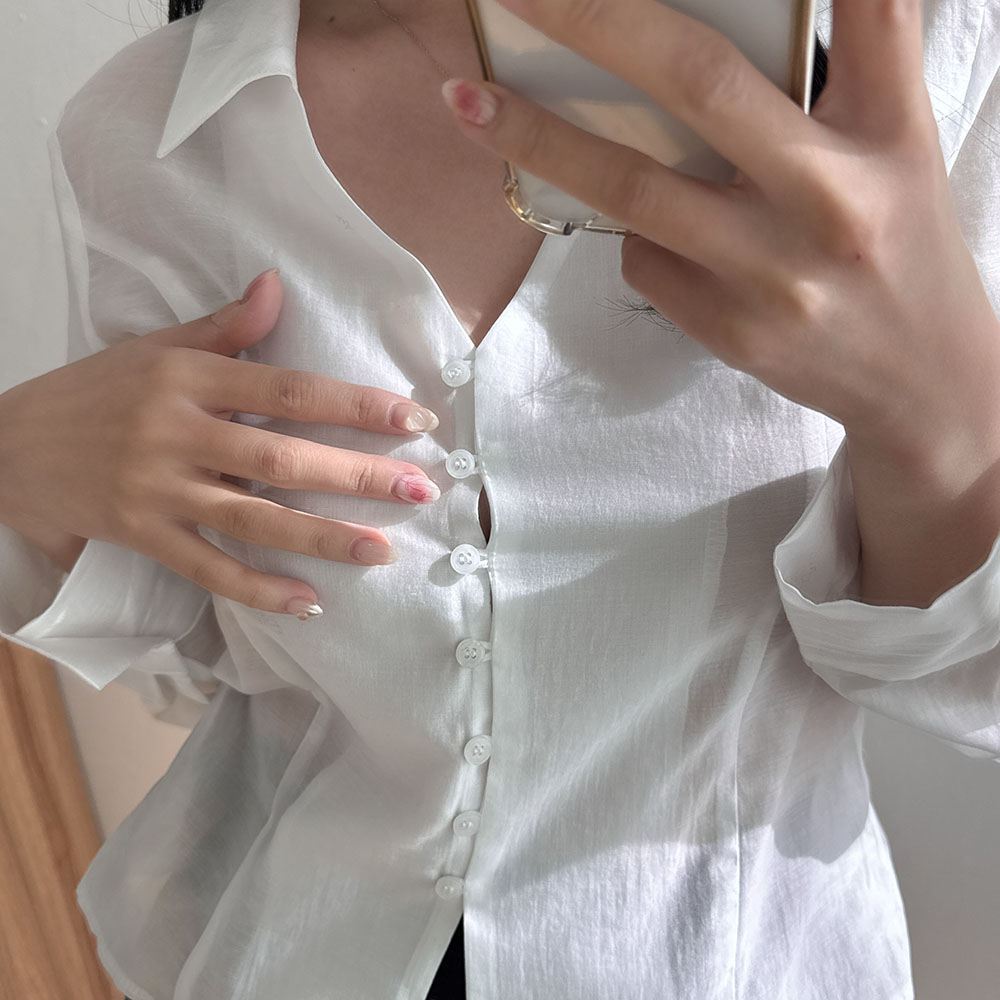 시스루블라우스 실크 새틴 화이트 블라우스 - 상세 이미지 3
