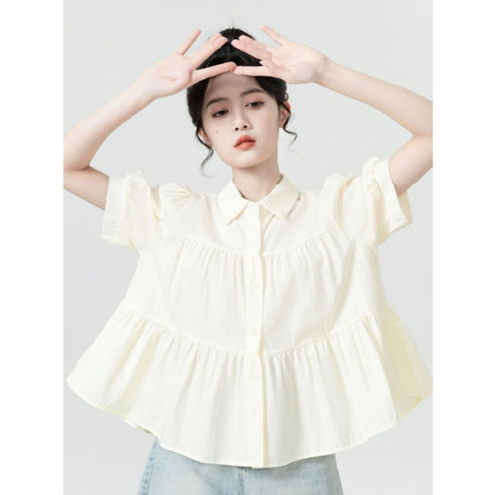 가오리핏 여성 셔링주름 셔츠 블라우스 여름 반팔 1P 하객룩 데이트룩 봄 여자 : 8989쇼핑 9호점