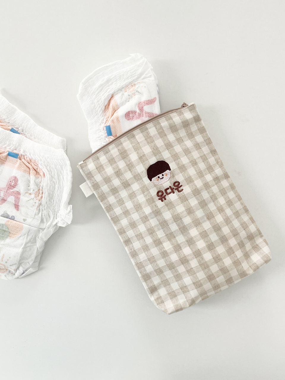 어린이집 준비물 파우치 방수 린넨 이름 자수 유치원 여벌옷 기저귀