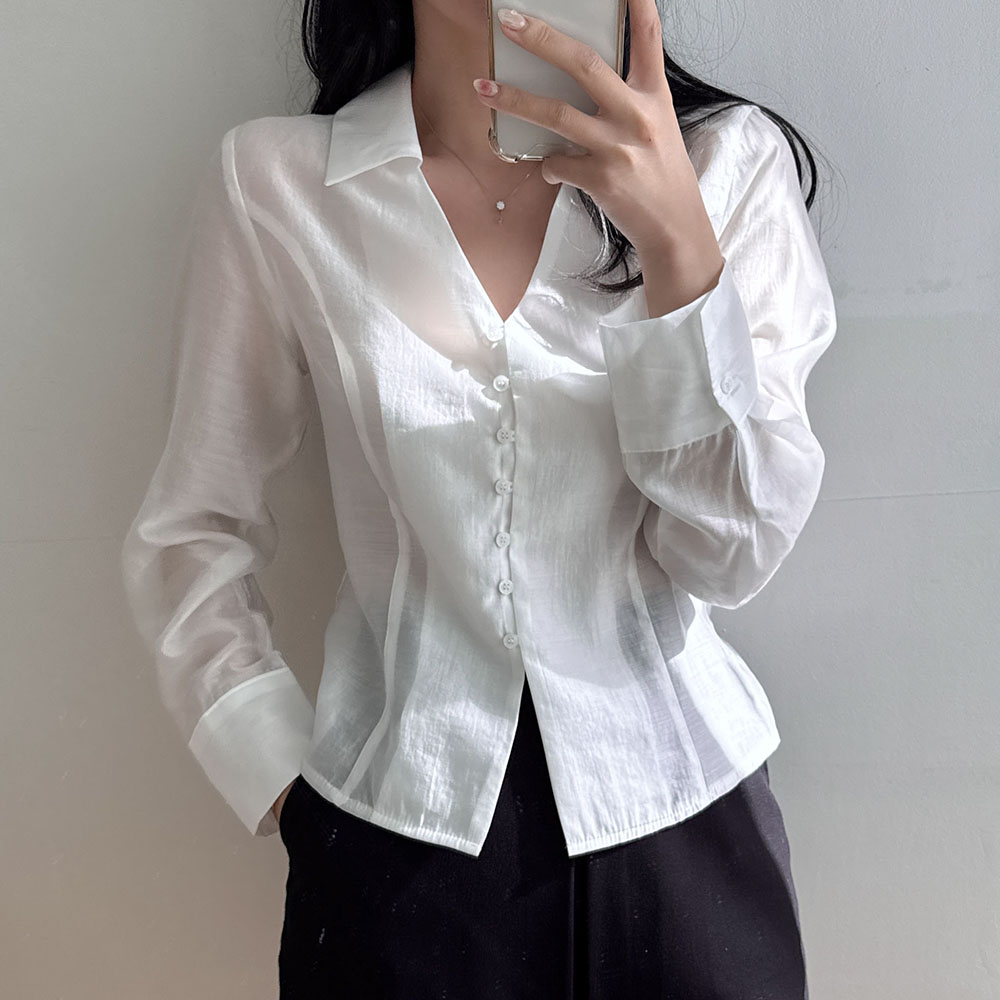 시스루블라우스 실크 새틴 화이트 블라우스 - 상품 이미지
