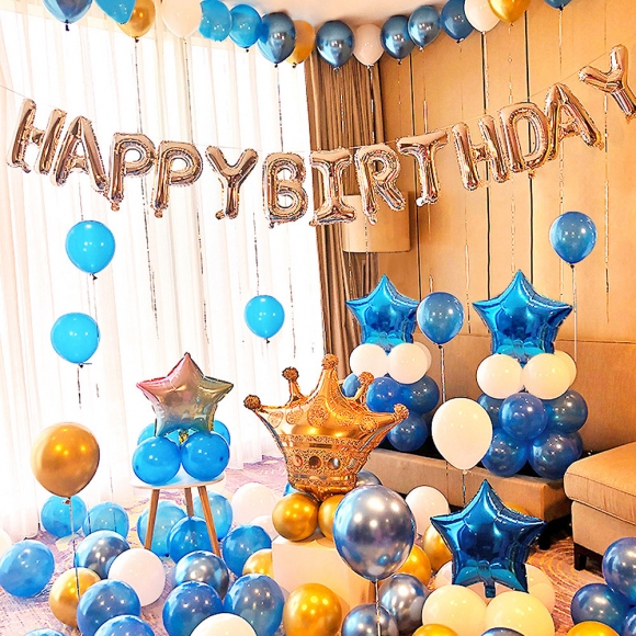 생일파티풍선세트 꾸미기 실버 알파벳 왕관 별 풍선 파란