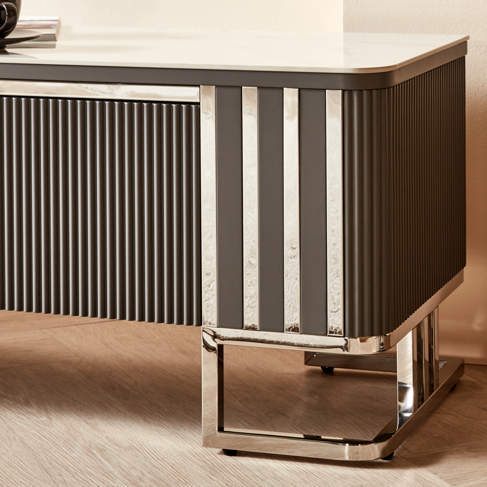 [방문설치] 레지아 세라믹 템바보드 스테인레스 거실장 2800x400x440mm, 그레이