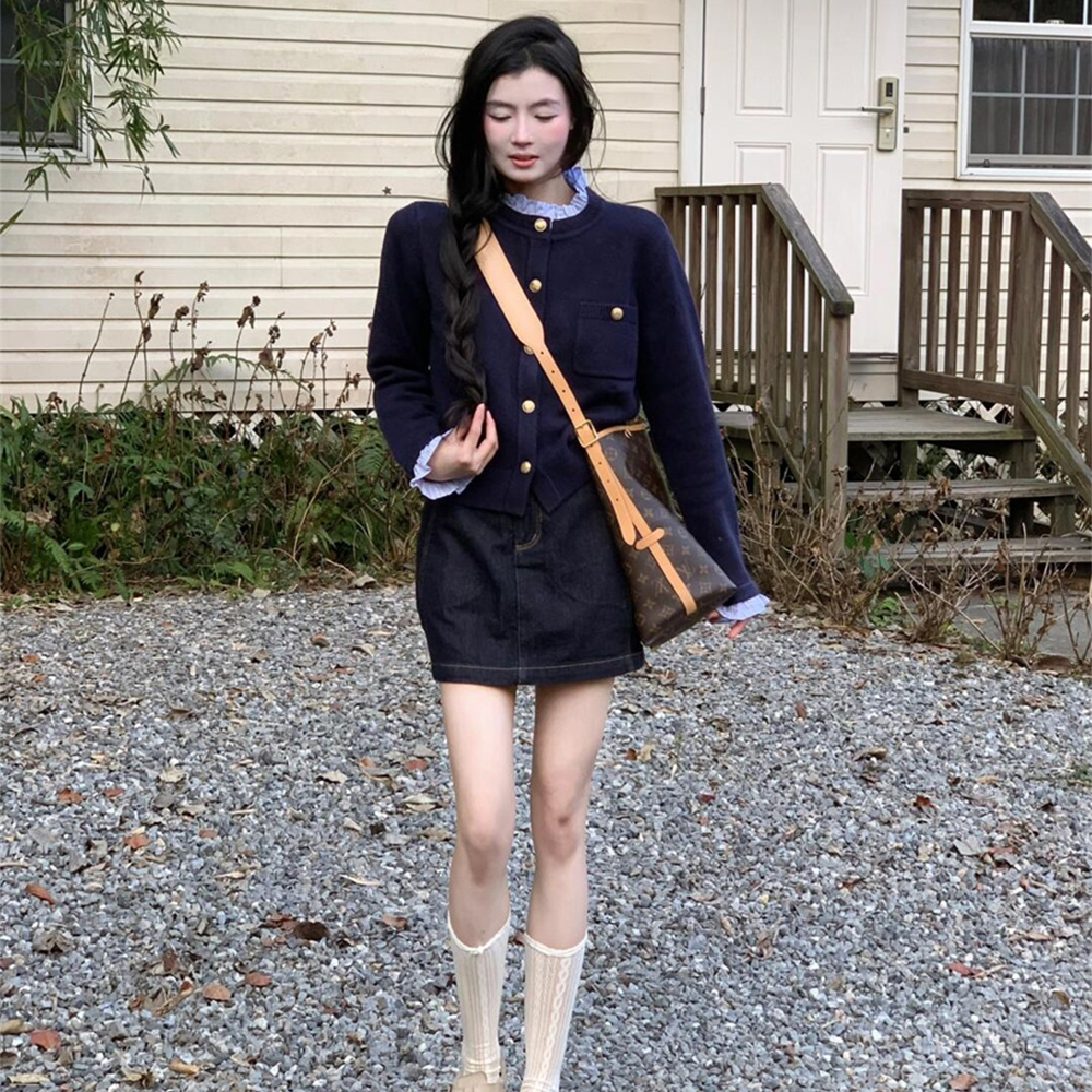 봄 여성 트위드 프릴카라 레이어드 니트 가디건 - 상품 이미지