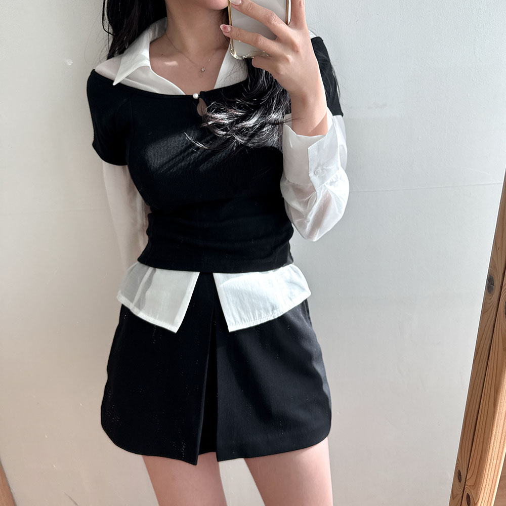 슬림 단추 레이어드 오프숄더 캡소매 반팔 티셔츠 - 상세 이미지 2