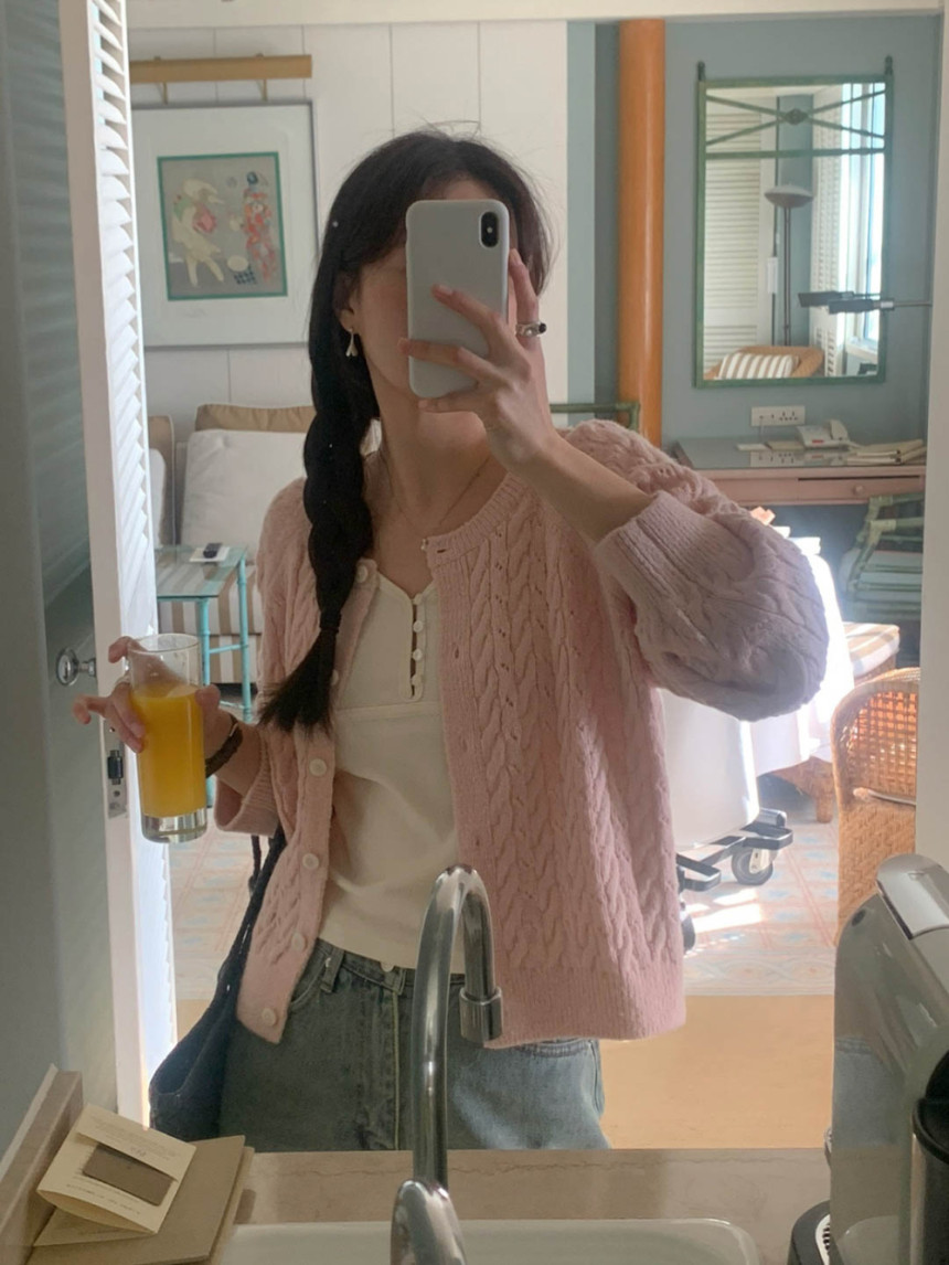 [핑크/소라당일] 젤리 가디건 긴팔 라운드 꽈배기 케이블 니트 캐주얼 봄 cd 3color 상세 이미지 11