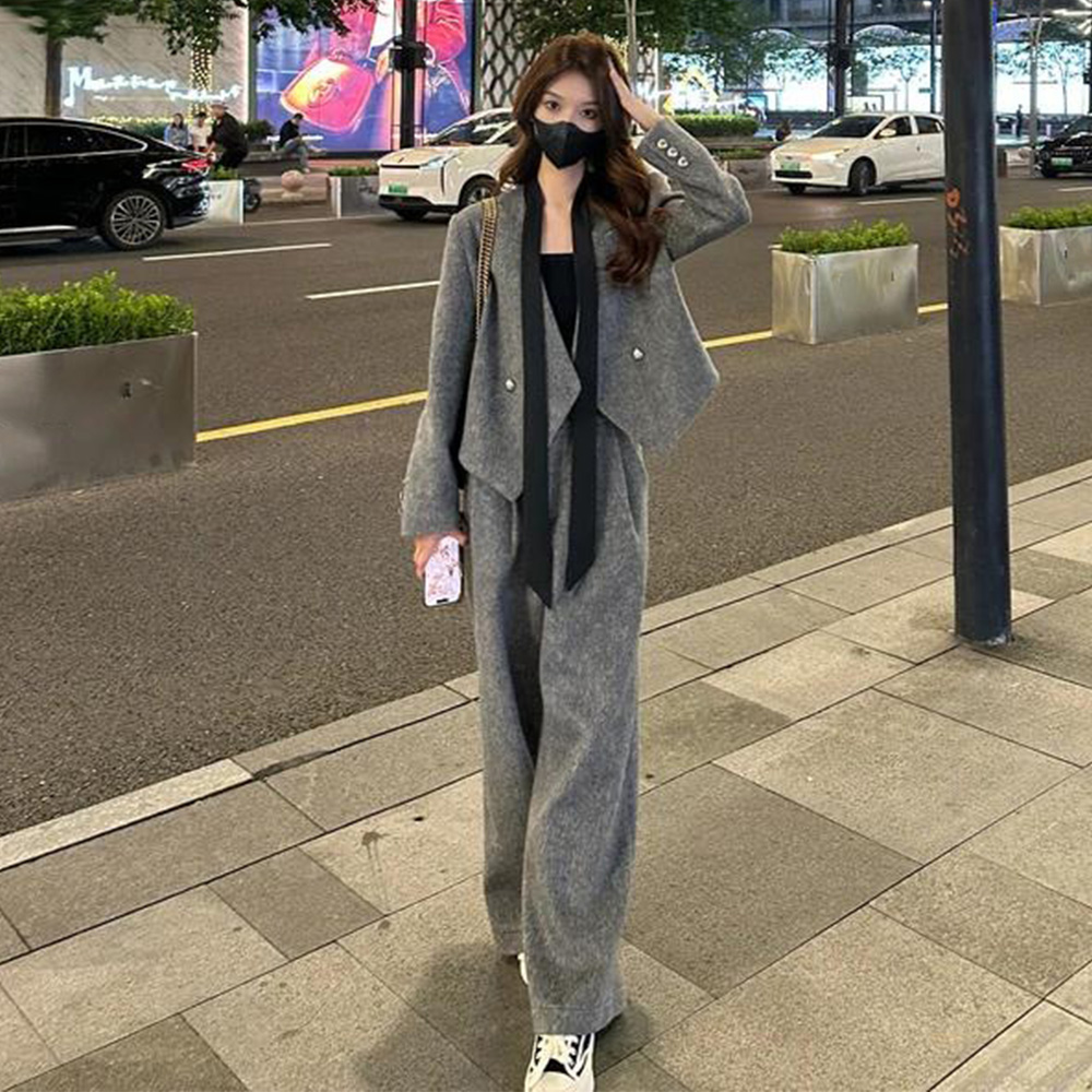 오피스룩 기모 데일리 스트링 정장 모직 자켓 일자바지 투피스 세트 - 상세 이미지 4