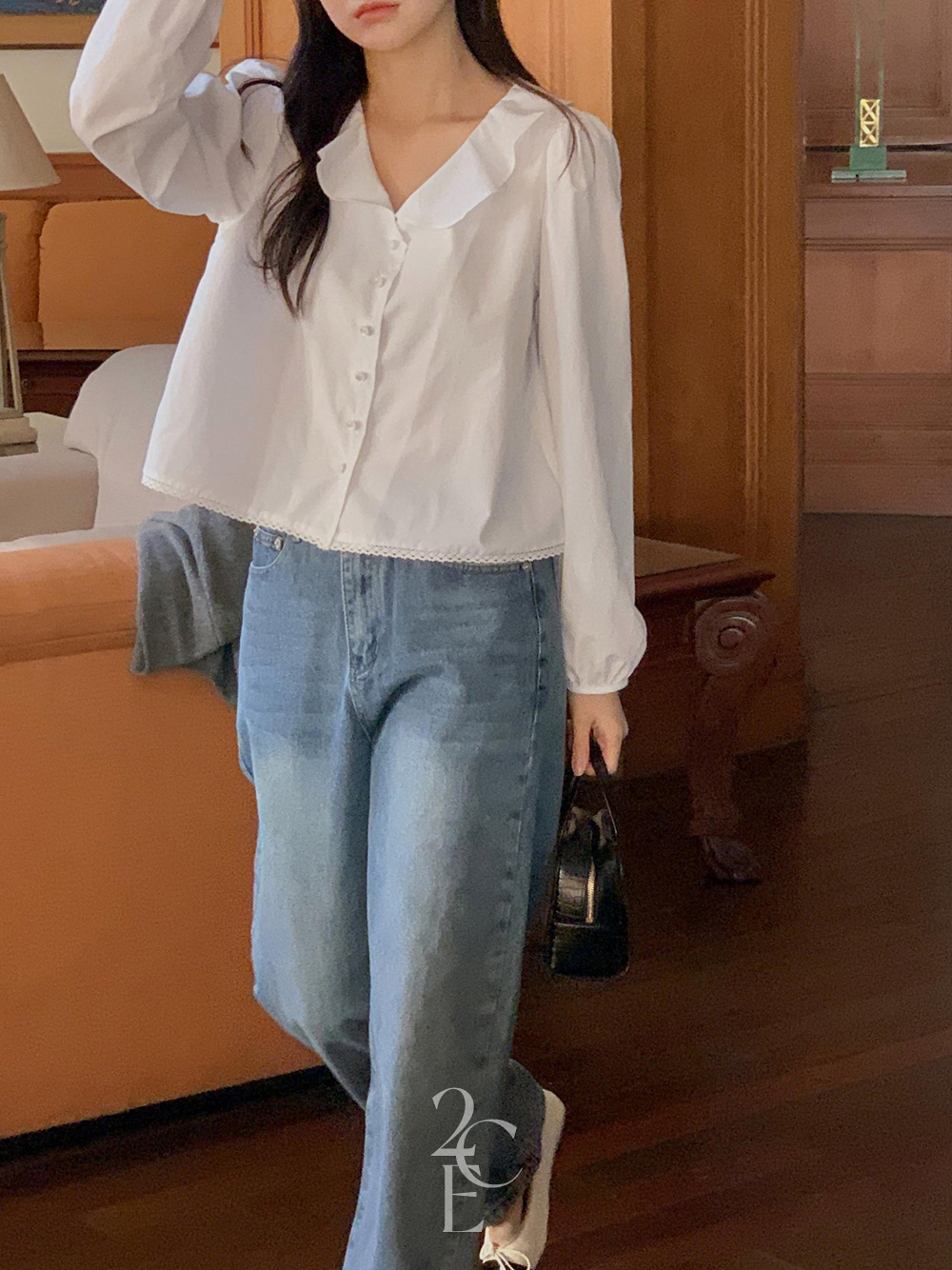보니아 물결 카라 봄 코튼 단추 블라우스 (2color) 데이트 면 소개팅 - 상세 이미지 4