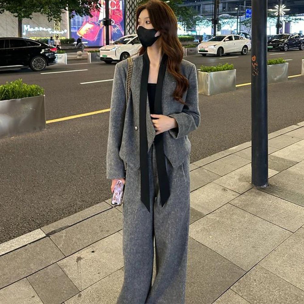 오피스룩 기모 데일리 스트링 정장 모직 자켓 일자바지 투피스 세트 - 상세 이미지 5