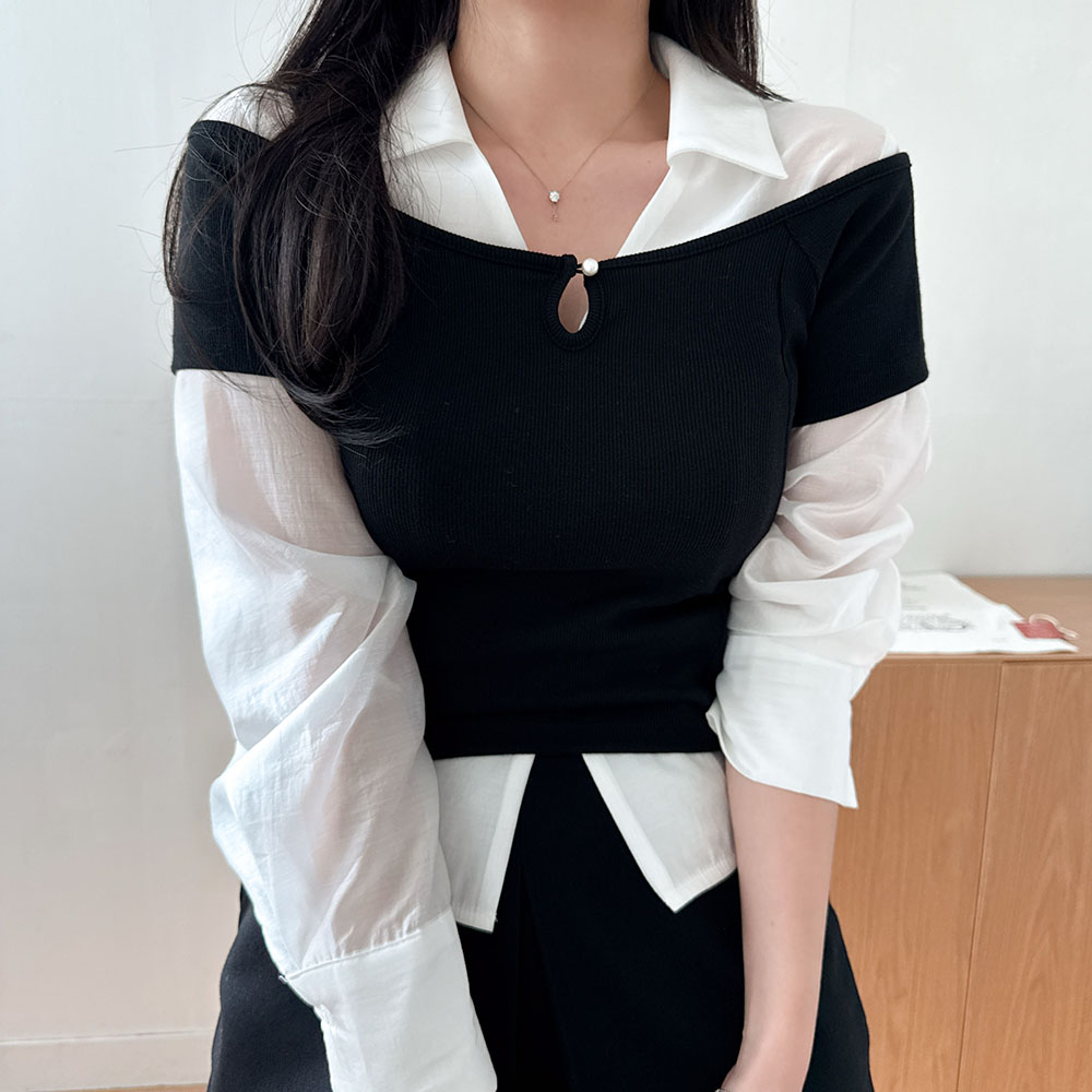 슬림 단추 레이어드 오프숄더 캡소매 반팔 티셔츠 - 상세 이미지 3
