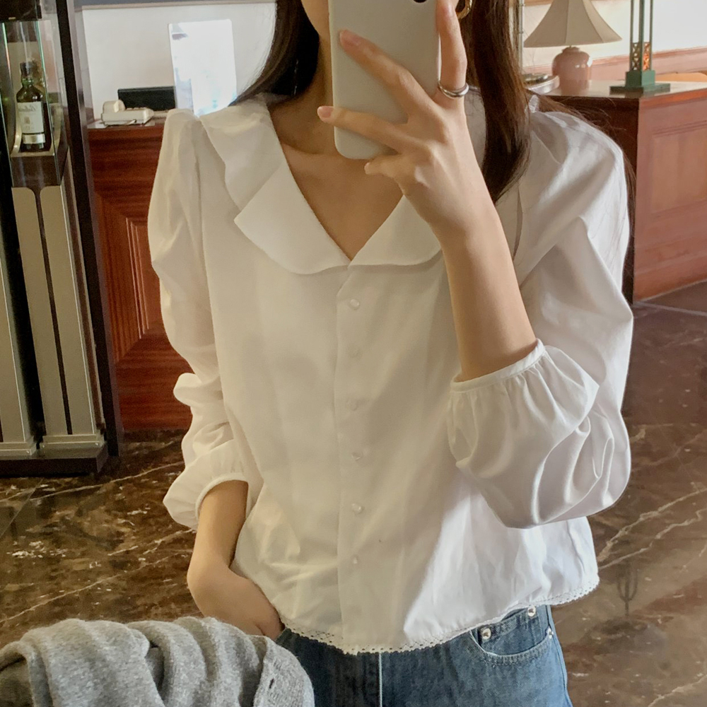 보니아 물결 카라 봄 코튼 단추 블라우스 (2color) 데이트 면 소개팅 - 상품 이미지
