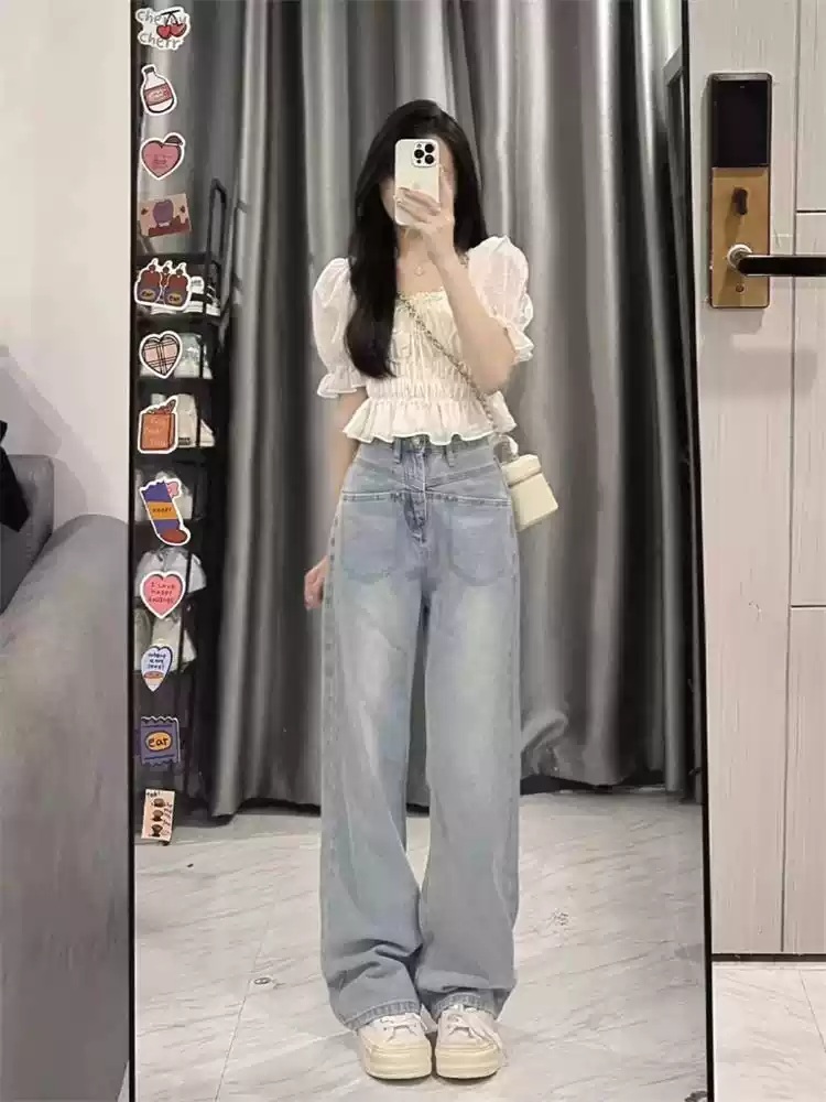 라운드넥 프릴 크롭반팔블라우스 퍼프슬리브 연애프로그램 출연진 청순 패션 코디 스타일 화이트 - 상세 이미지 3