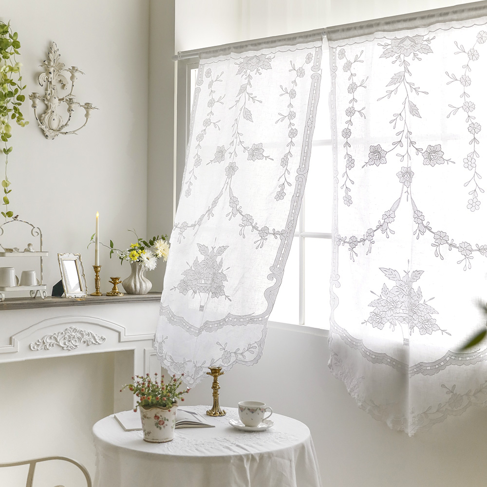 지앙 프렌치 린넨 자수 문 가리개 레이스 창 커튼 방문 창문 현관 주방 베란다 롱 바란스