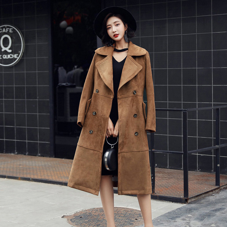 멋퀸 봄가을 스웨이드 더블버튼 빅테일러카라 롱 슬림핏 트렌치코트 - 메인 이미지