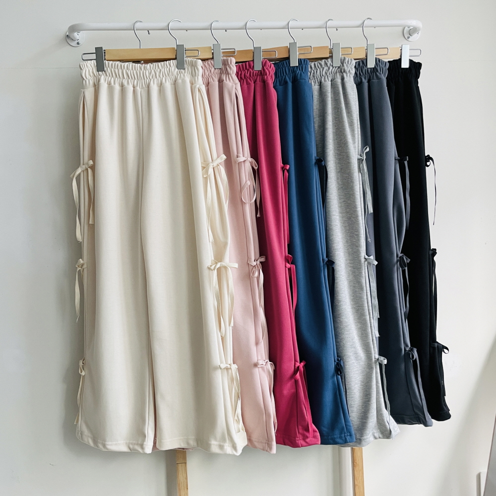 여성와이드팬츠 통바지 밴딩 리본 포켓 고무줄 트레이닝 팬츠 - 상품 이미지