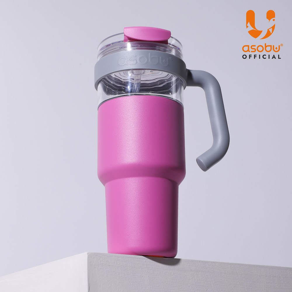 아소부 스테인레스 대용량 손잡이 빨대텀블러 2IN1 익스플로러 1L, 핑크