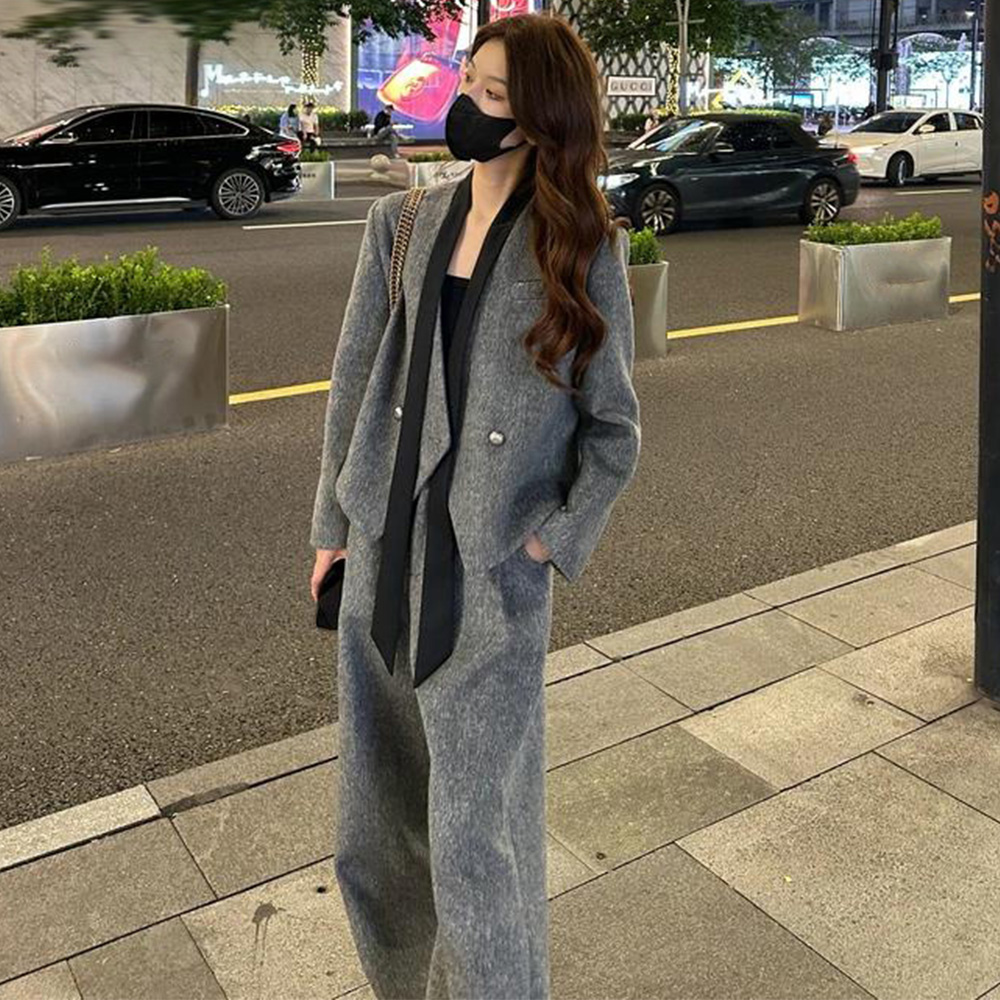 오피스룩 기모 데일리 스트링 정장 모직 자켓 일자바지 투피스 세트 - 상세 이미지 2