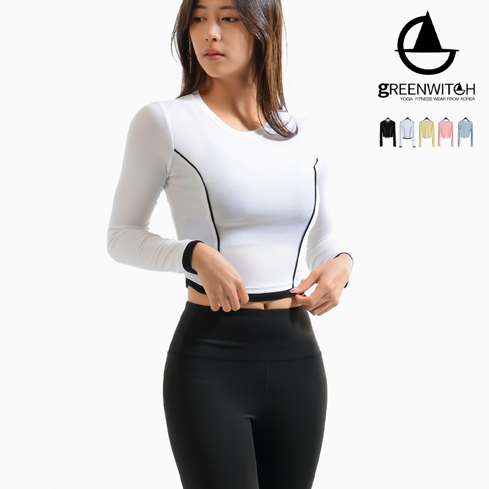 그리니치 삥줄배색 크롭탑 텐션 티셔츠 요가복 - 메인 이미지