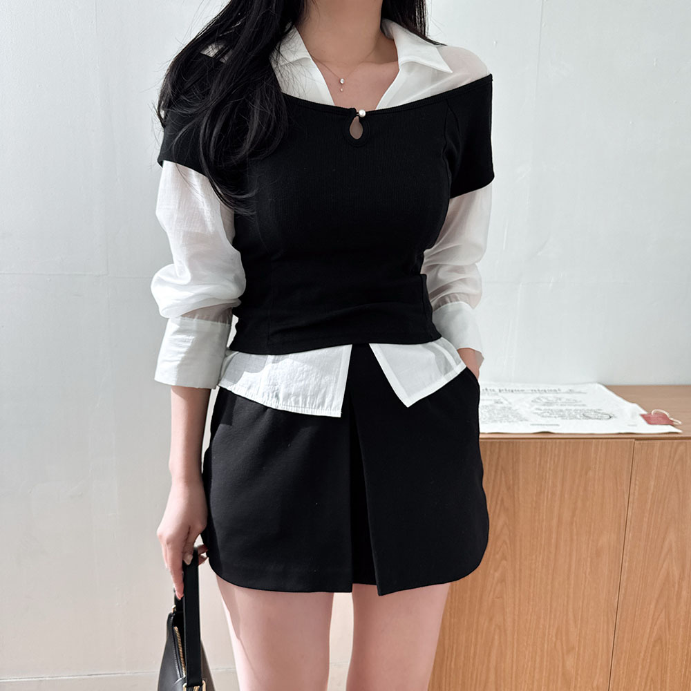 슬림 단추 레이어드 오프숄더 캡소매 반팔 티셔츠 - 상세 이미지 4
