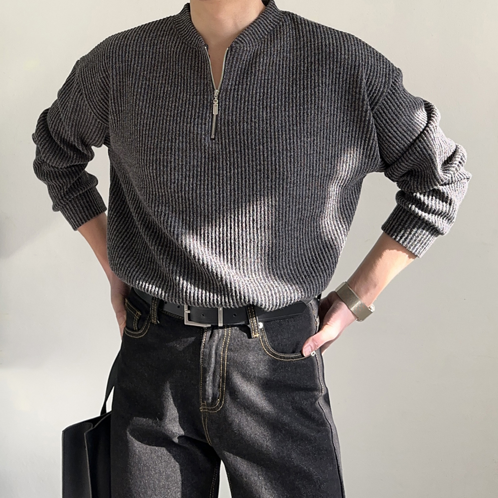 남자니트 차이나카라 골지 반집업 오버핏 헨리넥 니트