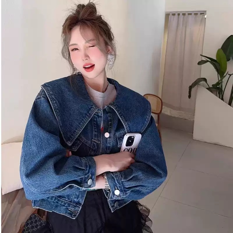 빅카라 데님 크롭자켓 봄 가을 데이트 여행 소풍 캐주얼 패션 코디 - 상세 이미지 2