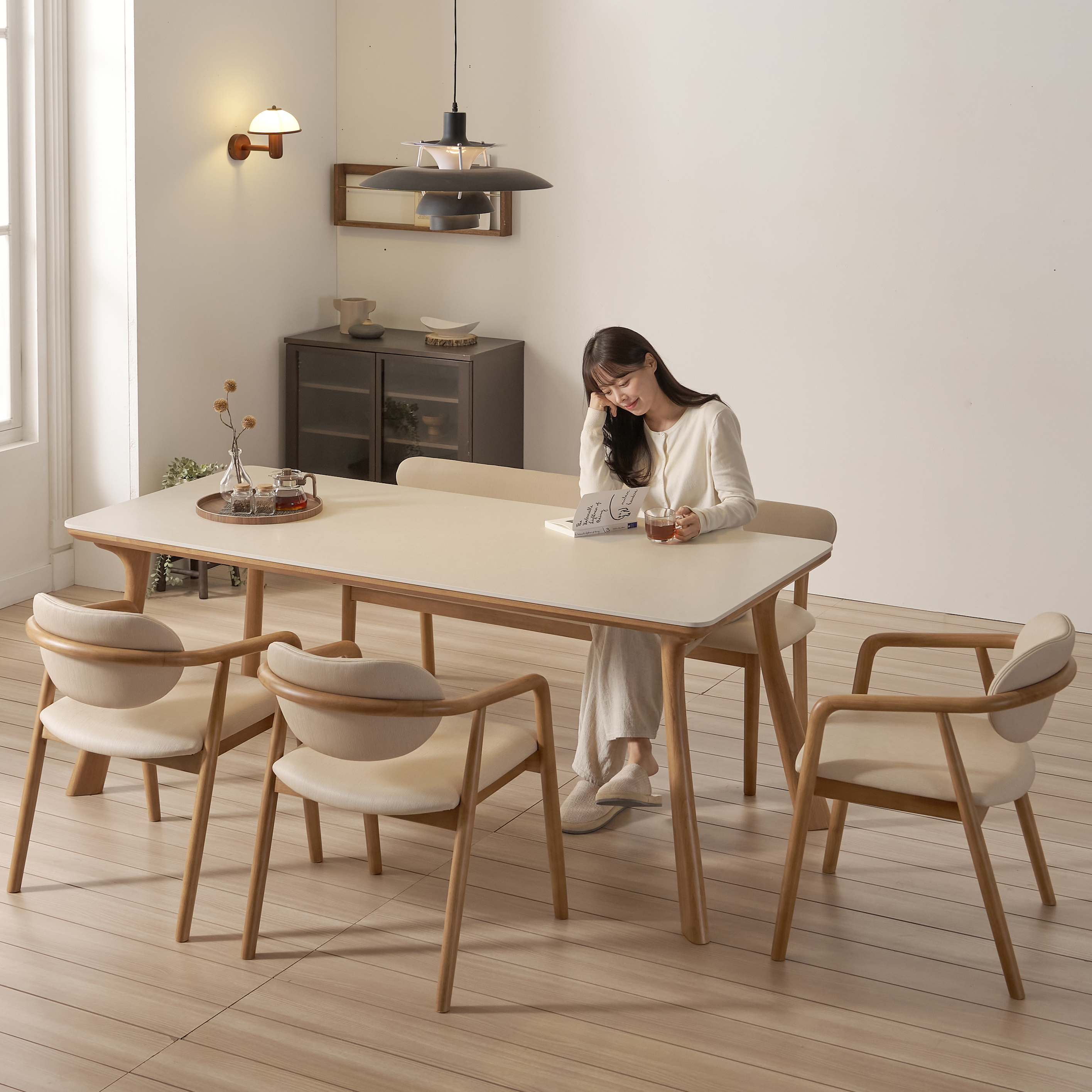 하모니 6인용 원목 포세린 세라믹 식탁 세트 식탁+의자3+벤치1, 2000mm, 쿠키
