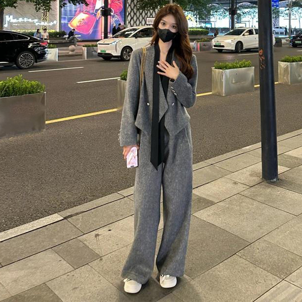 오피스룩 기모 데일리 스트링 정장 모직 자켓 일자바지 투피스 세트 - 상세 이미지 3