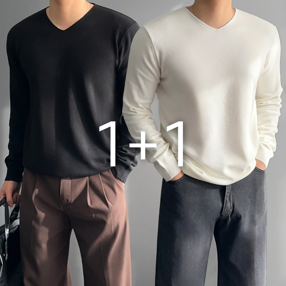 1+1 남자얇은니트 남성브이넥니트 - 메인 이미지