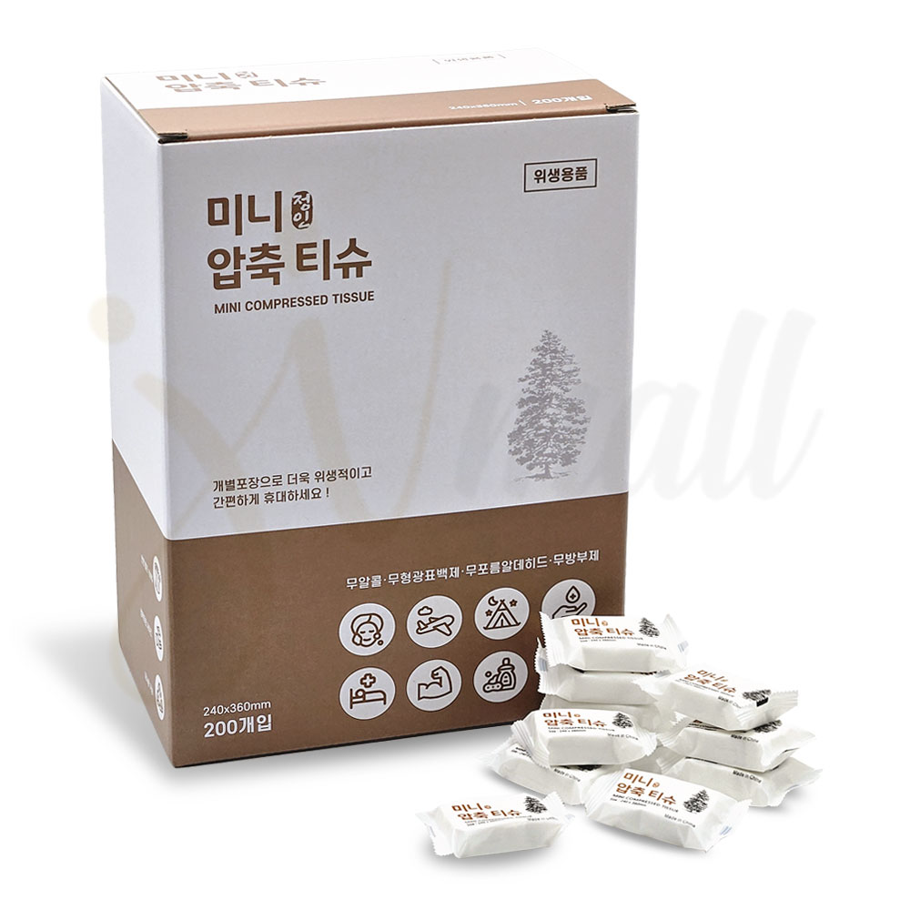 정인 미니 압축티슈 개별포장 휴대용 티슈 여행 코인 포켓 타월 캠핑 대용량 200개입
