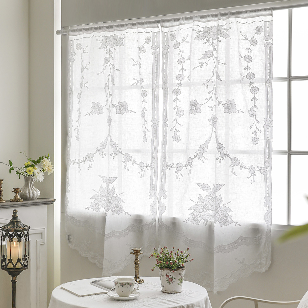 지앙 프렌치 린넨 자수 문 가리개 레이스 창 커튼 방문 창문 현관 주방 베란다 롱 바란스