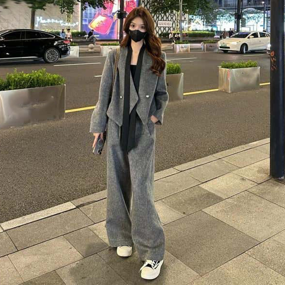 오피스룩 기모 데일리 스트링 정장 모직 자켓 일자바지 투피스 세트 - 메인 이미지