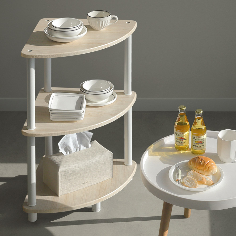 니드 오크 3단 코너 선반 거실 삼각 부채꼴 틈새