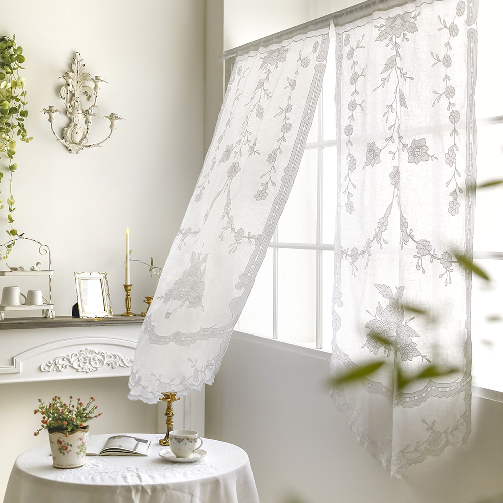 지앙 프렌치 린넨 자수 문 가리개 레이스 창 커튼 방문 창문 현관 주방 베란다 롱 바란스