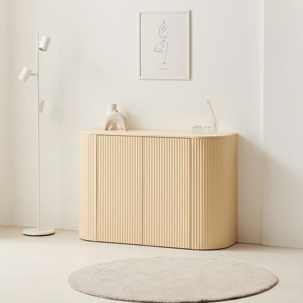 치즈퐁 템바보드 거실장 수납장 높은 tv다이 안방티비장 라운드 1200x400x816mm, 버터옐로우