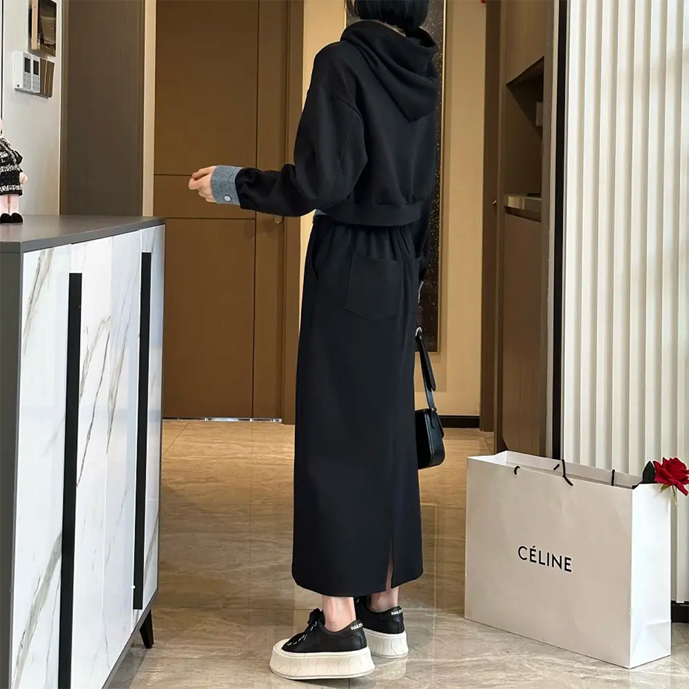 여성 레이어드 후드 맨투맨 스커트 투피스 빅사이즈 체형커버 트레이닝 캐주얼 코디세트 - 상세 이미지 4
