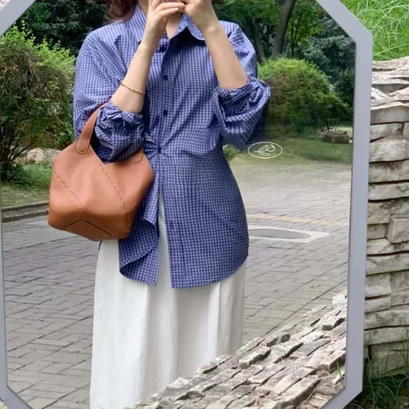 빈티지룩 블루 체크 루즈핏 여성 긴팔 티셔츠 이미지 6