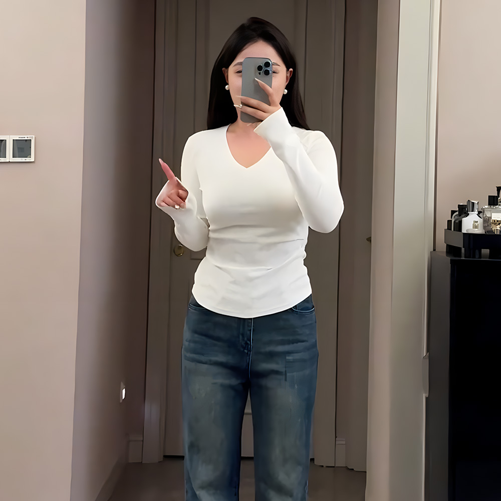 여성 봄 빅사이즈 브이넥 이너티 체형커버 긴팔 슬림핏 셔츠 - 상세 이미지 3