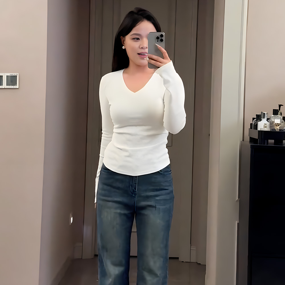 여성 봄 빅사이즈 브이넥 이너티 체형커버 긴팔 슬림핏 셔츠 - 상세 이미지 4