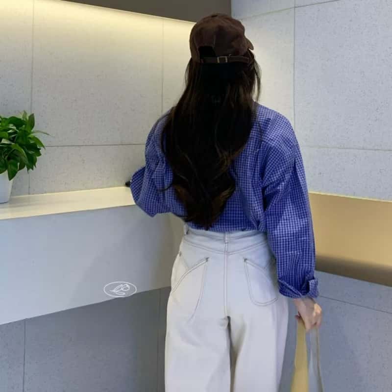 빈티지룩 블루 체크 루즈핏 여성 긴팔 티셔츠 - 상세 이미지 5