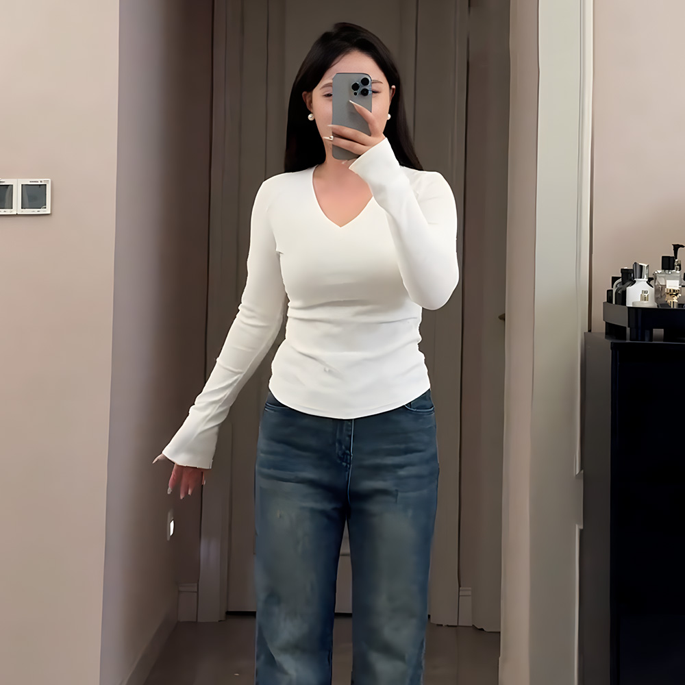 여성 봄 빅사이즈 브이넥 이너티 체형커버 긴팔 슬림핏 셔츠 - 상세 이미지 2