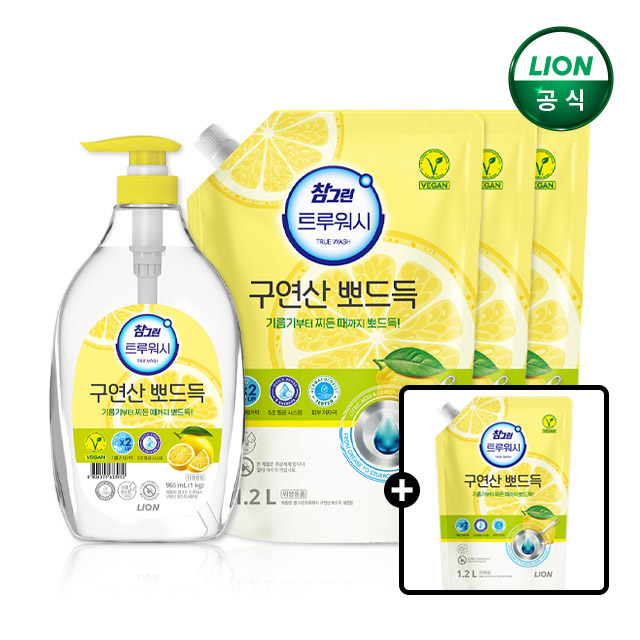 참그린 구연산 뽀드득 주방세제 레몬향 본품 1kg 1개+1.2L 리필 3개+리필 1개 더