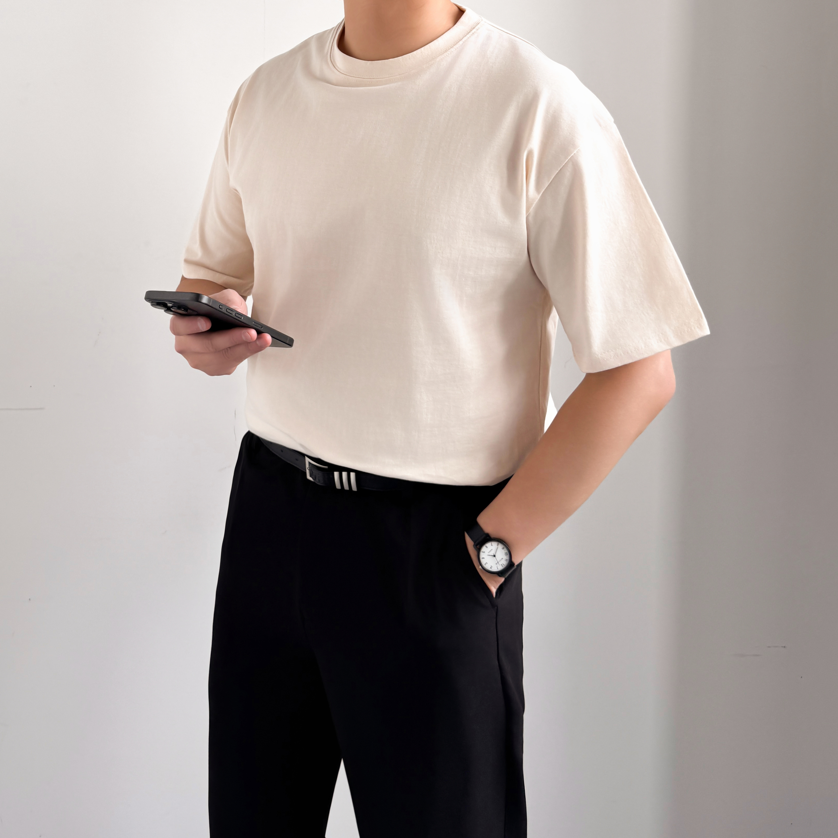 1+1 무지티 목안늘어나는반팔 레이어드 남자흰티 - 상품 이미지