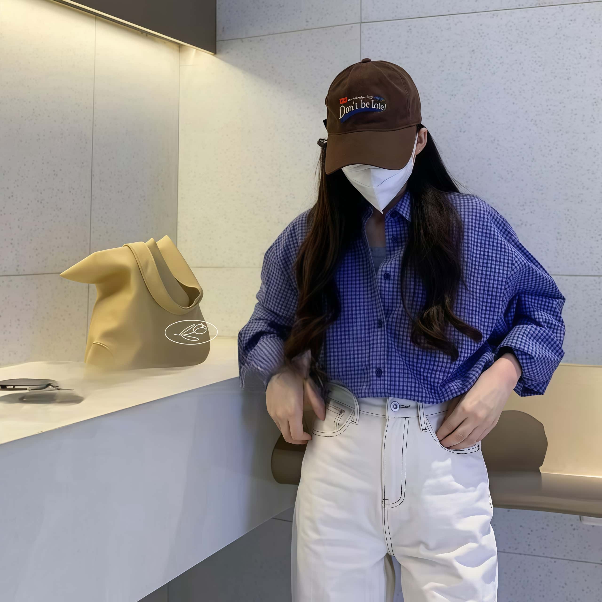 빈티지룩 블루 체크 루즈핏 여성 긴팔 티셔츠 - 상세 이미지 3