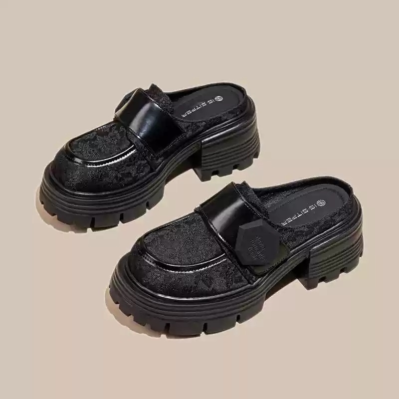 키높이 유니크 뮬 슬리퍼 로퍼 굽7CM 동양적 꽃무늬패턴 올블랙 디자인 봄 가을 2컬러 - 상세 이미지 5
