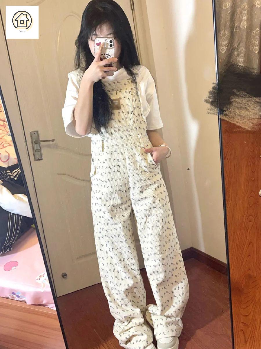 플라워 코듀로이 오버롤 러블리 멜빵바지 - 상품 이미지