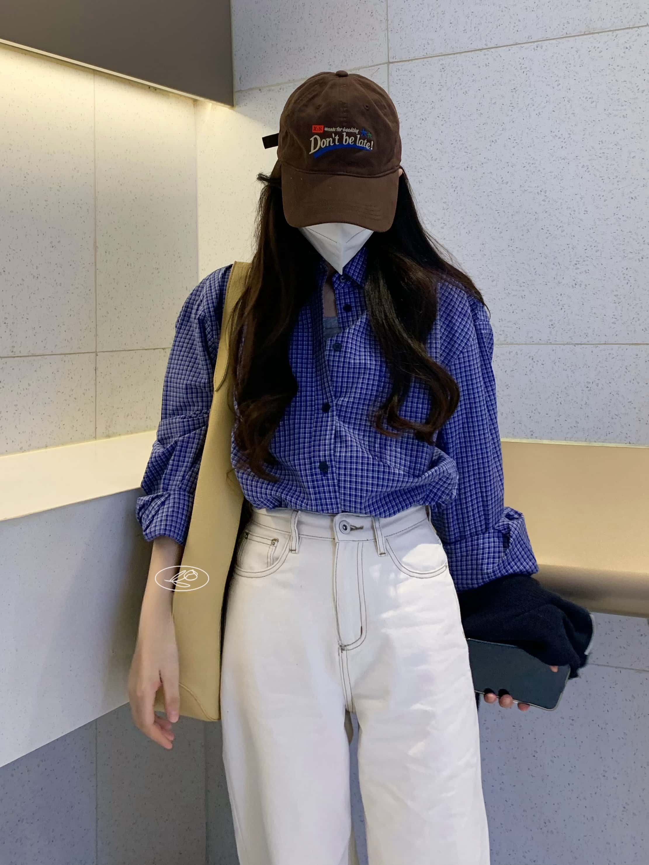 빈티지룩 블루 체크 루즈핏 여성 긴팔 티셔츠 - 상세 이미지 2