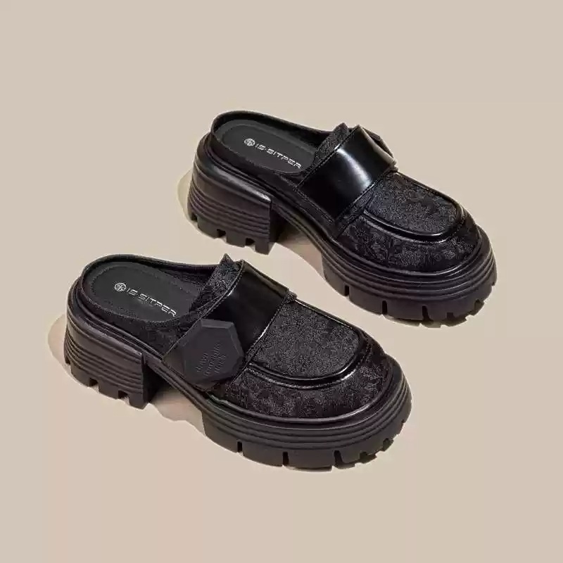키높이 유니크 뮬 슬리퍼 로퍼 굽7CM 동양적 꽃무늬패턴 올블랙 디자인 봄 가을 2컬러 - 상품 이미지