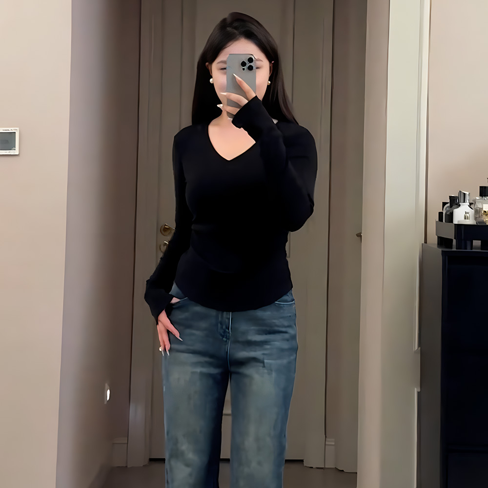 여성 봄 빅사이즈 브이넥 이너티 체형커버 긴팔 슬림핏 셔츠 - 상세 이미지 5