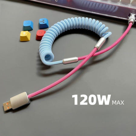 [해외]120W 차량용 CarPlay 스프링 충전 케이블 접지케이블 차량용충전기 자동차접지케이블 미스트 블루+라벤더 퍼플