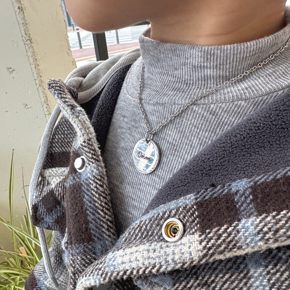 미아방지 목걸이 써지컬스틸 이름 양면각인 아기 유아 아동 어린이 실버 이니셜 어린이집준비물