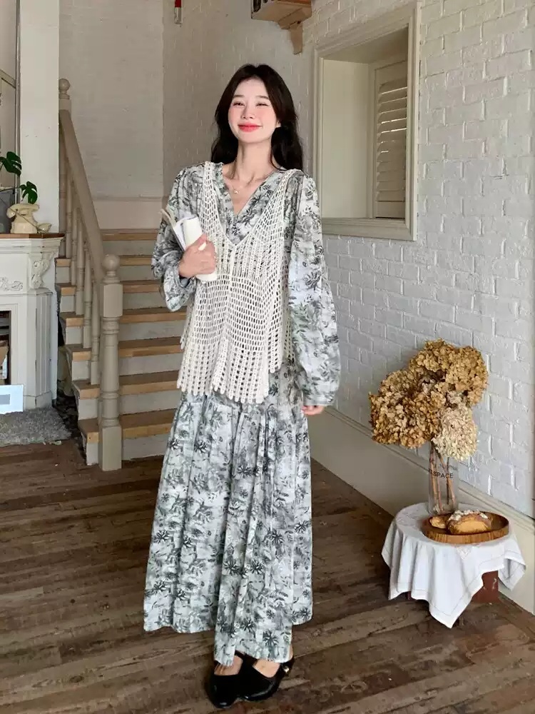 봄 수묵화 플로럴 레이스 긴팔 롱원피스 베스트 세트 - 상세 이미지 4